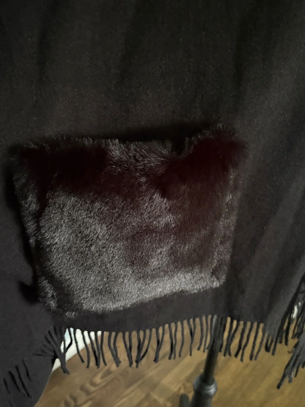 Black Women's Fringe Wrap Scarf with Faux Fur Pockets